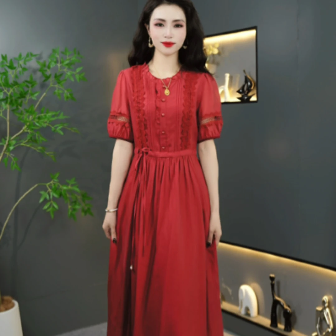 CE2122-2连衣裙安哥拉红大码休闲中长款遮肚洋气夏季显瘦气质宽松