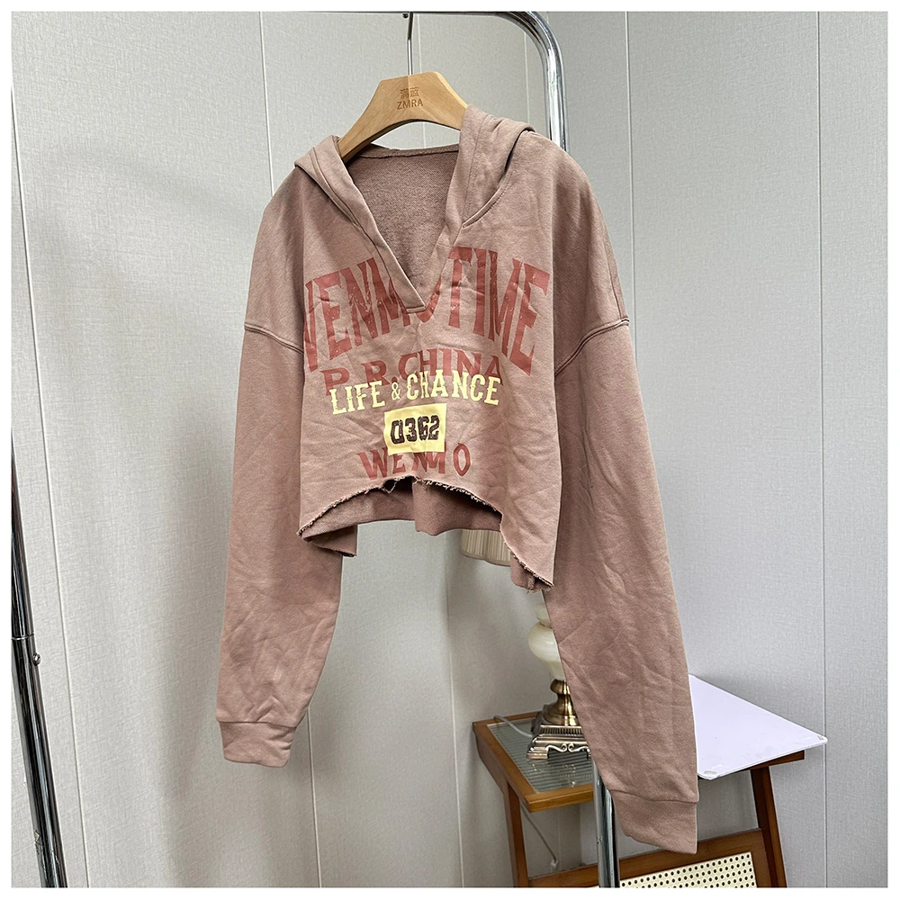 1W022春季新款女士宽松印花不规则短款圆领长袖卫衣