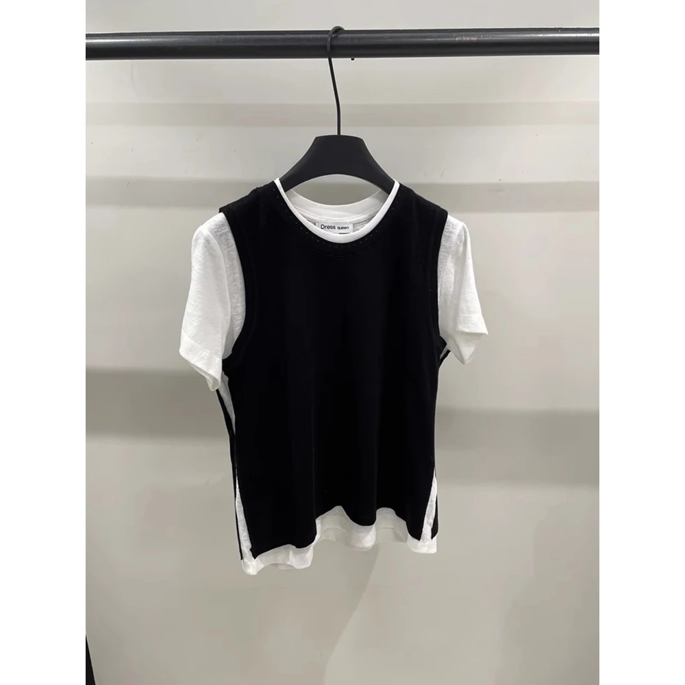 欧洲站2025秋季新款高级感拼色假两件短袖T恤女时尚洋气流行上衣