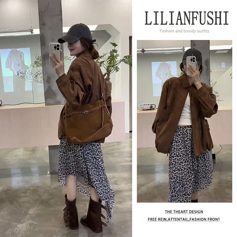 秋冬搭一整套2025新款复古宽松长袖外套不规则豹纹半身裙两件套女