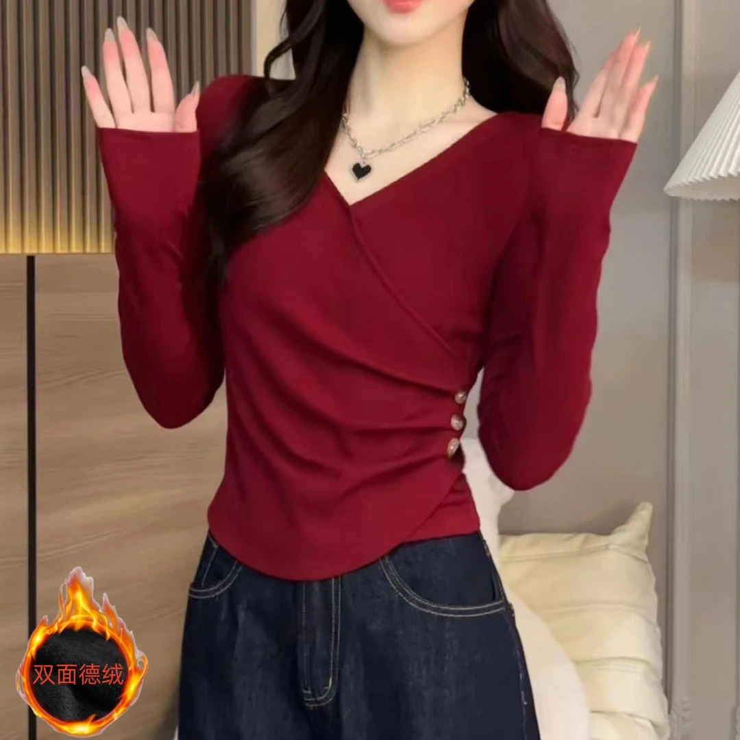 小个子时尚秋冬上衣女t德绒保暖通勤长袖法式春季学生显瘦打底衫