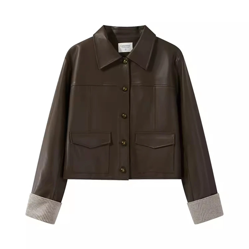 美式复古小翻领皮衣短外套女士2025春季新款宽松显瘦百搭夹克上衣