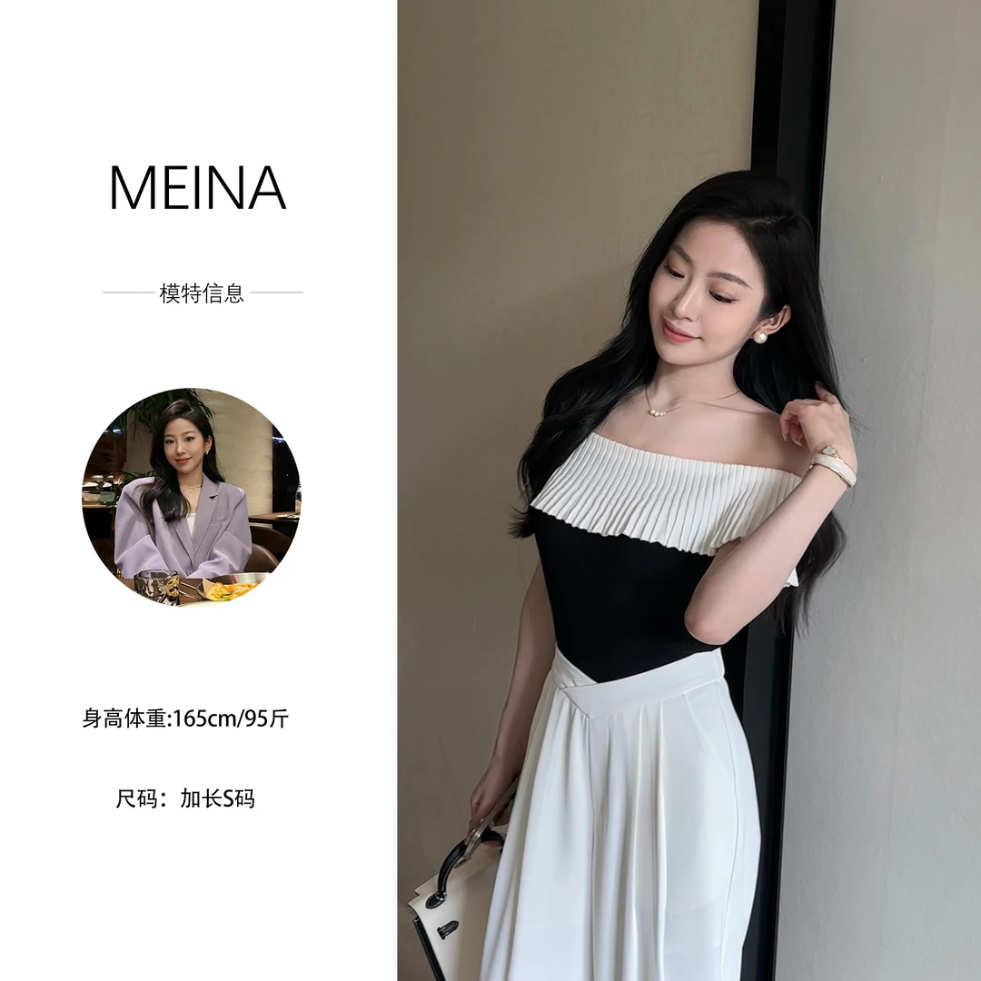 MEINA专属【月下花眠】夏季荷叶边一字肩设计感露肩百搭气质毛衣