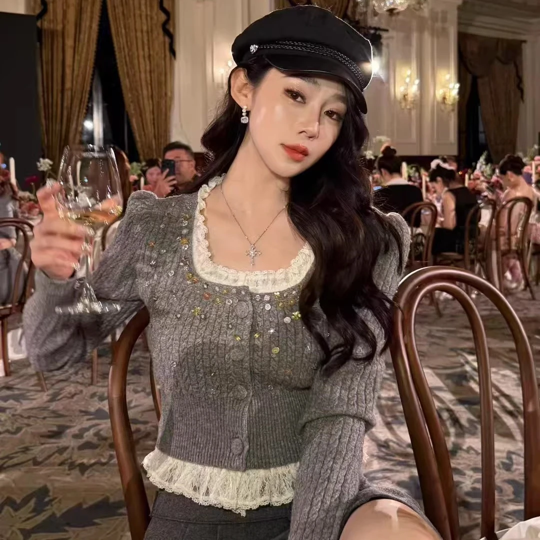 商场同款上衣高智学院风蕾丝拼接假两件针织开衫2025冬季新款