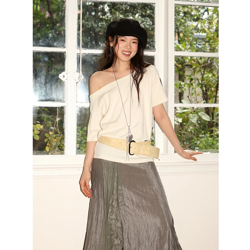 SUPERSCAPE素舶 新疆棉7A抗菌柔软透气不变形一字领斜肩短袖T恤