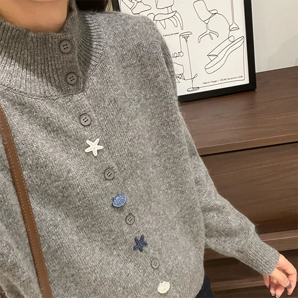 【五角星装饰灰色单排扣开衫】针织衫宽松显瘦休闲时尚百搭