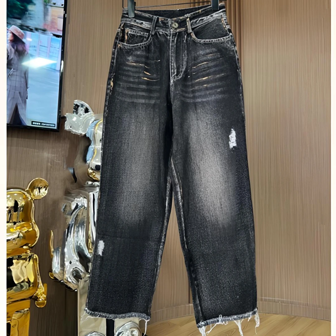 原创美式重工百搭牛仔老爹裤直筒时尚休闲夏季宽松破洞水洗做旧