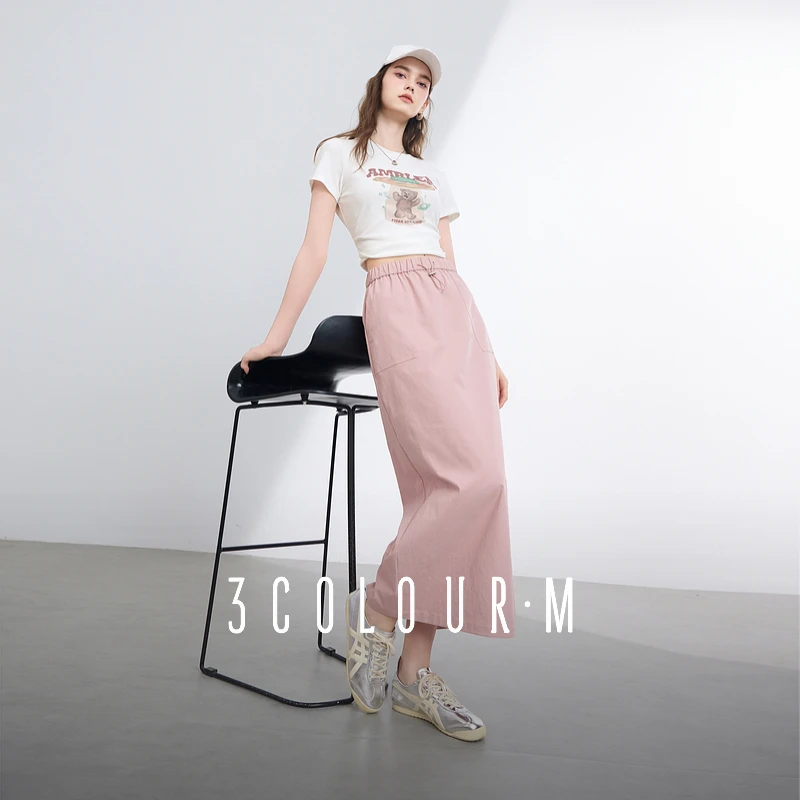 三彩2025夏季新款户外工装风半身裙松紧高腰直筒裙开叉长裙女M