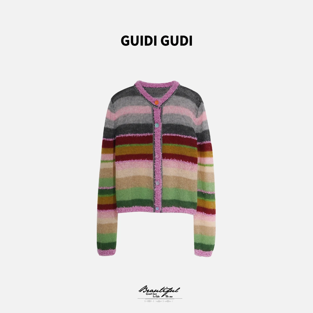 GUIDI GUDI【二维彩虹】马海羊毛长袖针织开衫外套/黄加蓝