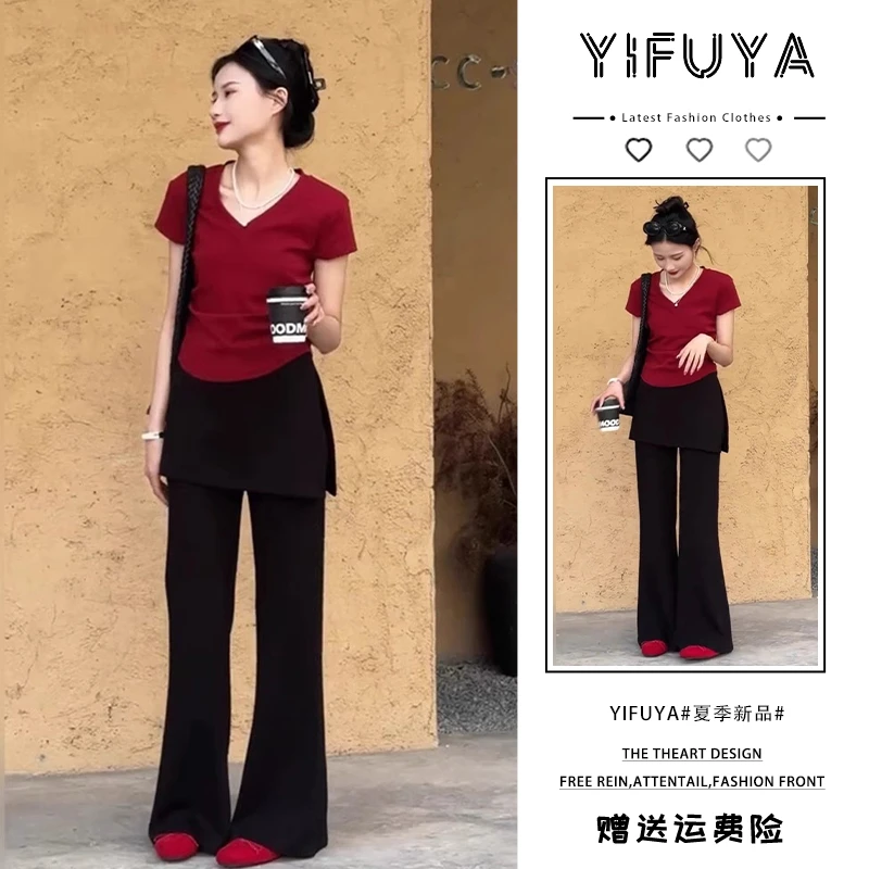 夏季穿搭一整套时尚洋气小香风黑色假两件阔腿裤红色短袖T恤套装