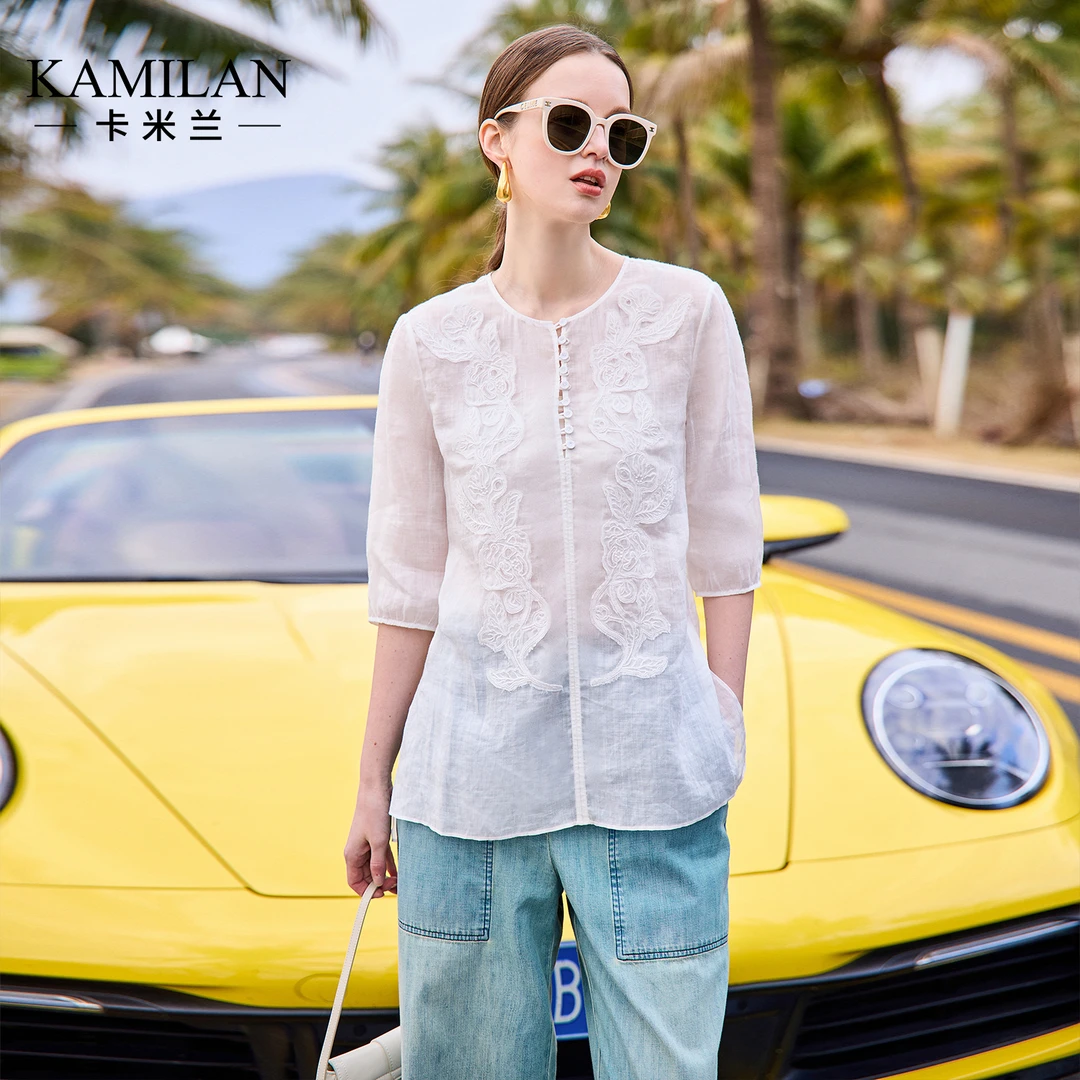 [苎麻x刺绣]卡米兰新中式衬衫女2025夏季新款七分袖绣花衬衣上衣