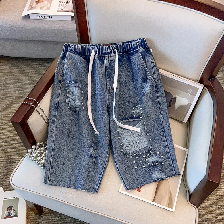 1295# 破铜重工新款牛仔短裤女高腰显瘦牛仔裤钉珠夏装胖MM
