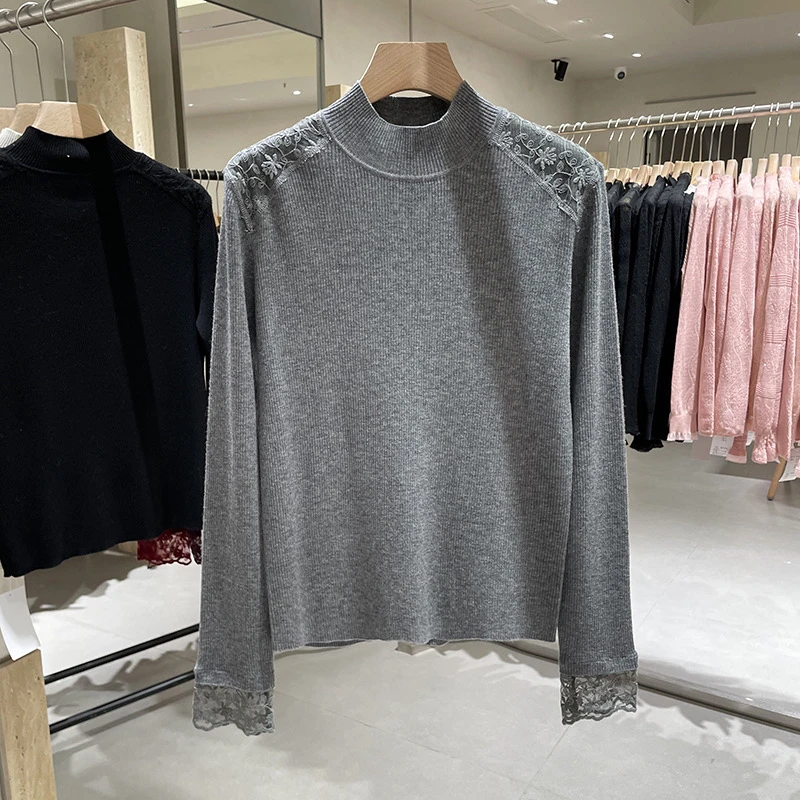 秋冬打底衫新款高级感蕾丝拼接长袖修身显瘦毛针织内搭气质上衣