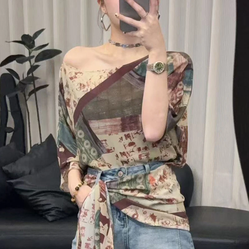 异域风复古印花薄款绑带设计衬衫女夏季新款时尚洋气宽松显瘦上衣