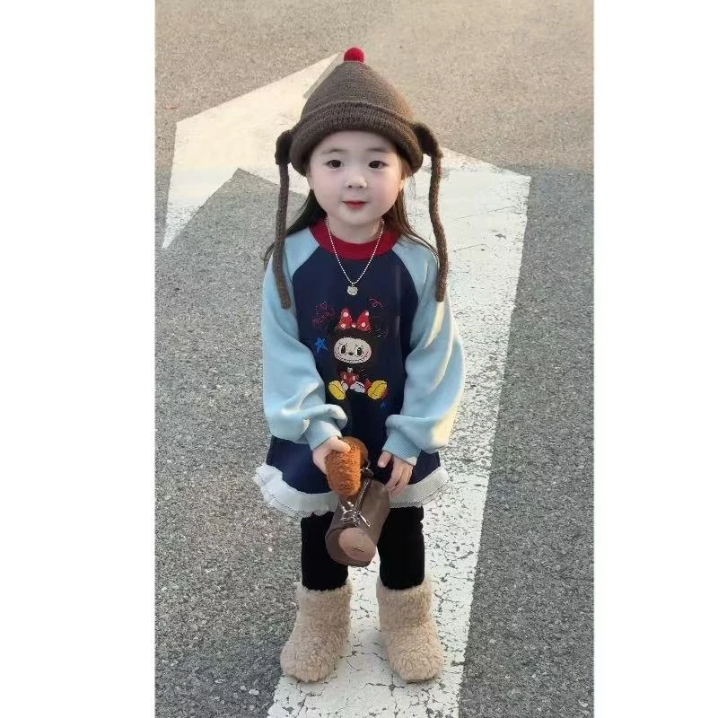 2025秋冬新女童韩系加绒卡通拉布布可爱印花长款卫衣+打底裤套装
