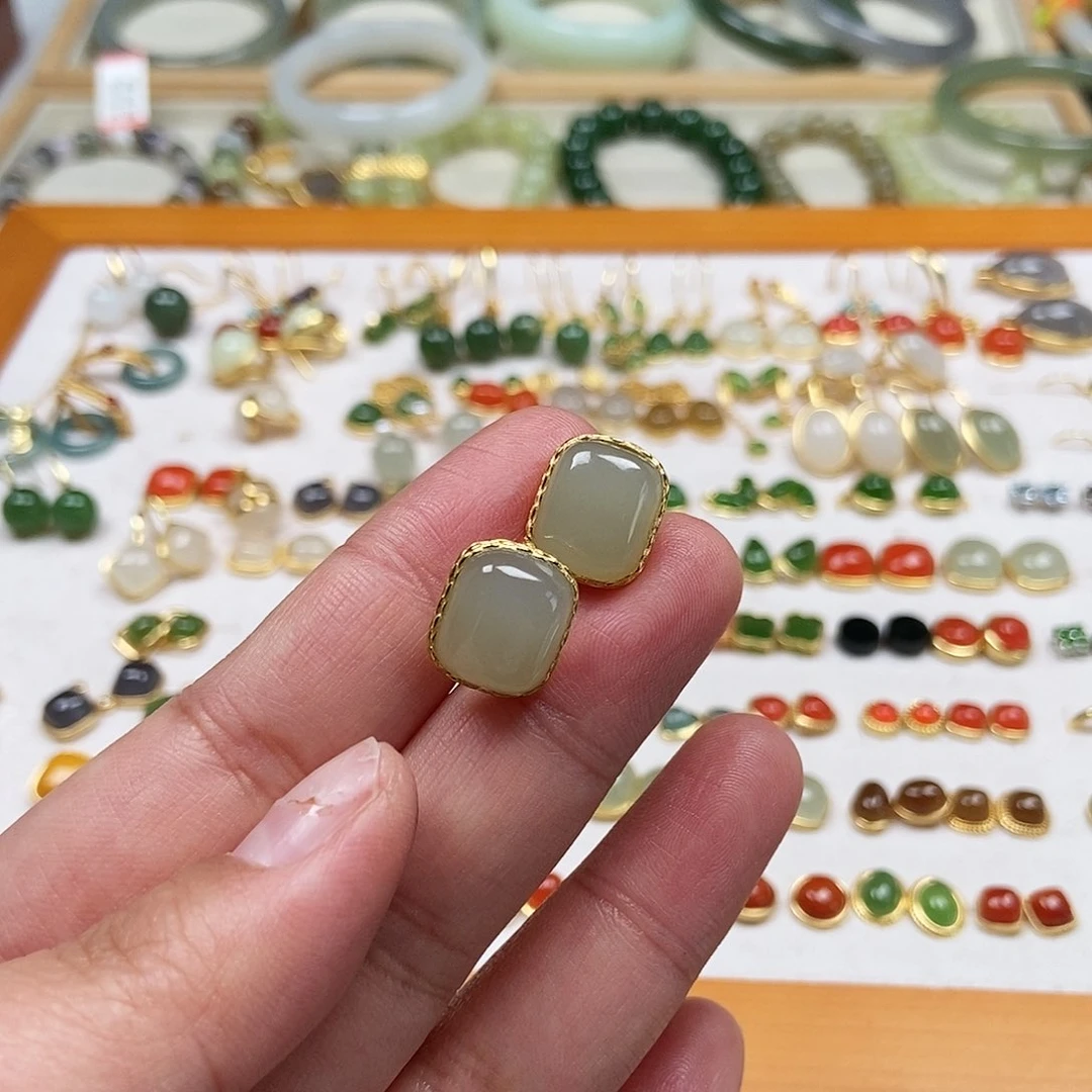 和田玉耳饰银S925镶嵌