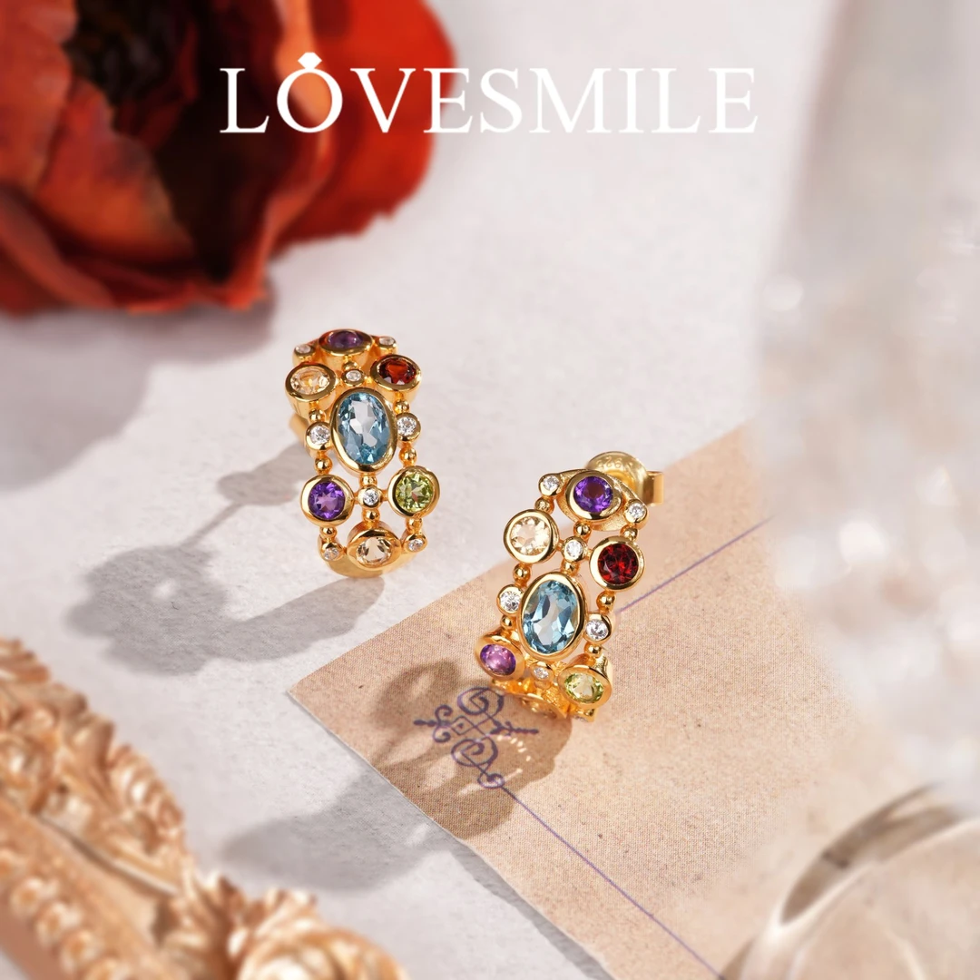 love smileS925银水晶耳环五彩耳环简约时尚气质百搭