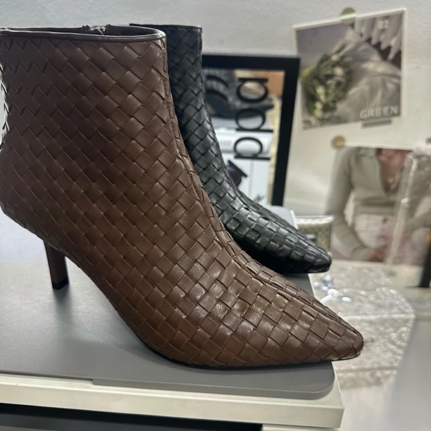 5公分时装靴秋冬方头时尚尖头高跟鳄鱼纹单鞋女靴编织真皮手工鞋