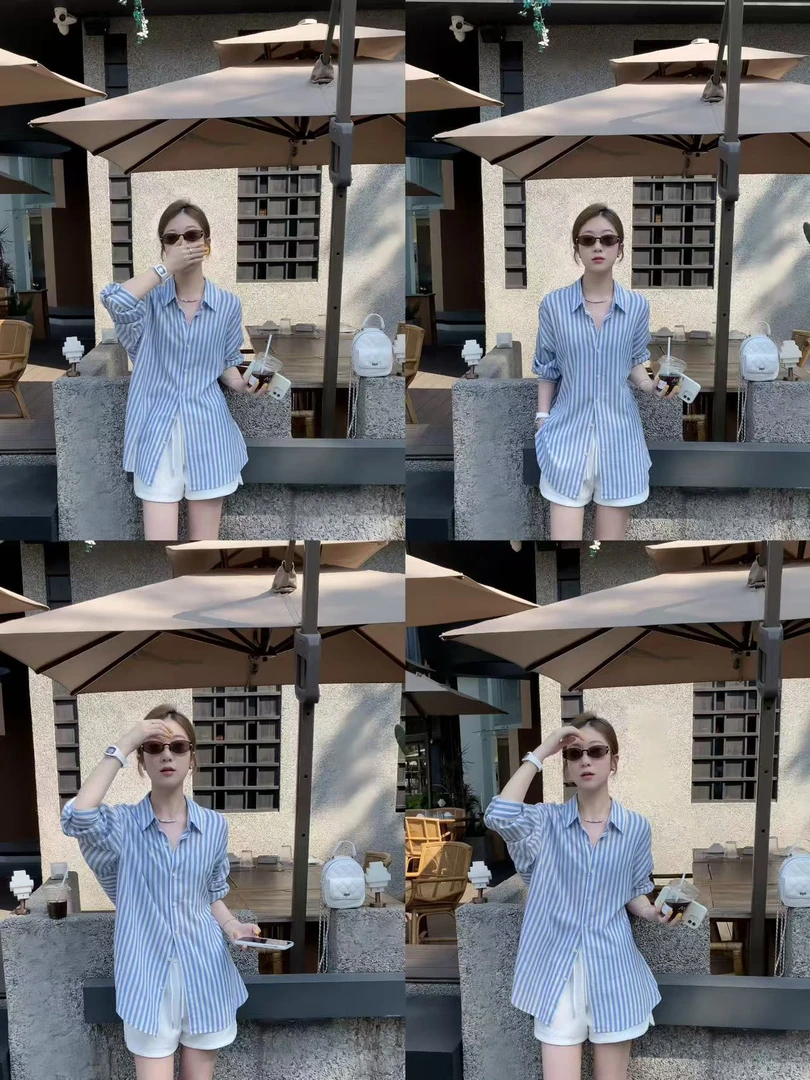 慵懒文艺夏季棉麻竖条纹防晒长袖薄衬衫女翻领宽松百搭开衫外套