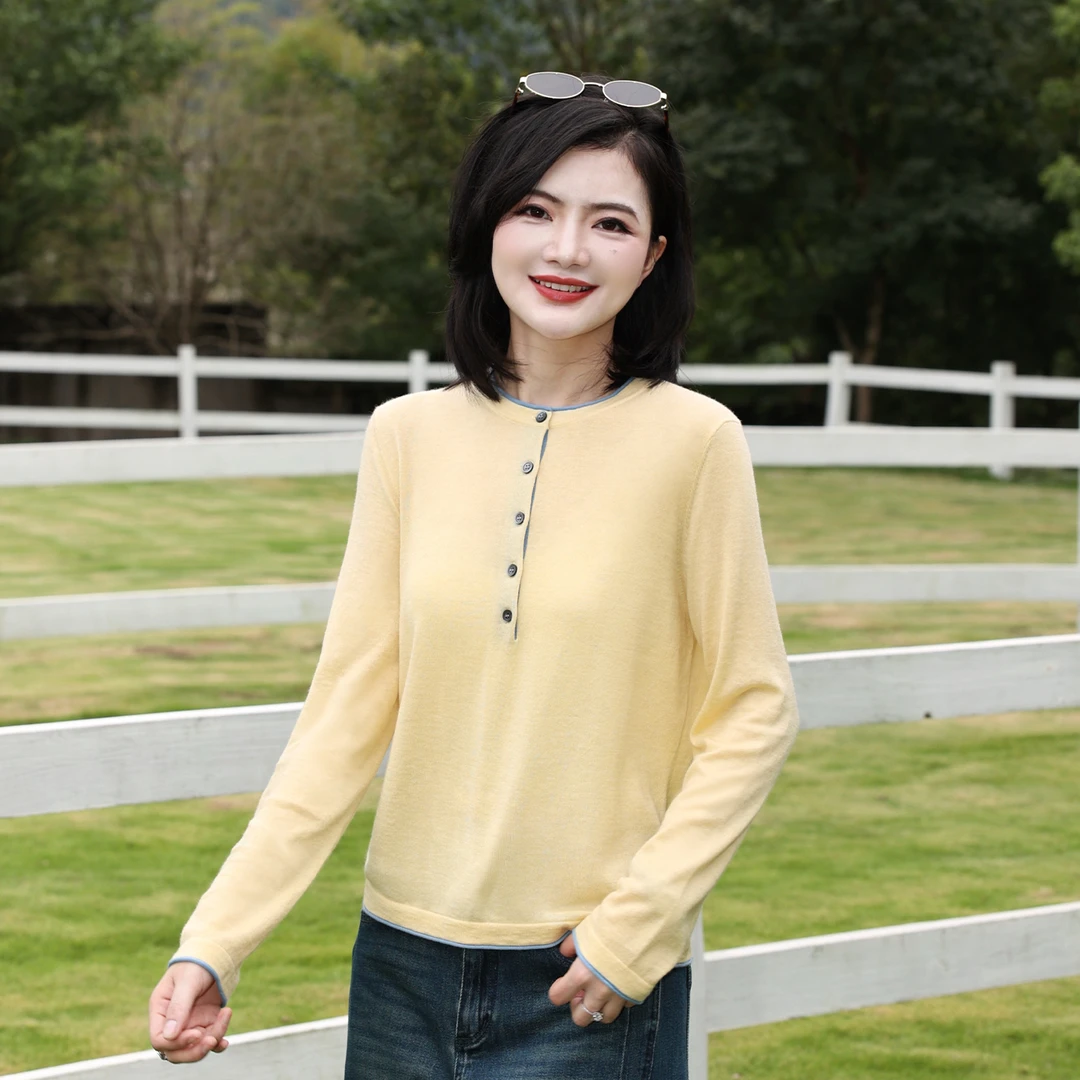 枫竺阿楠anan亨利领撞色羊毛打底针织衫女秋冬出游内搭修身上衣