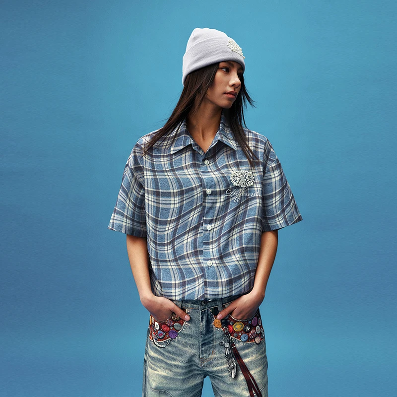 【张函瑞】YADcrew亚德鲁 扭曲格纹短袖衬衫夏季休闲美式百搭上衣男