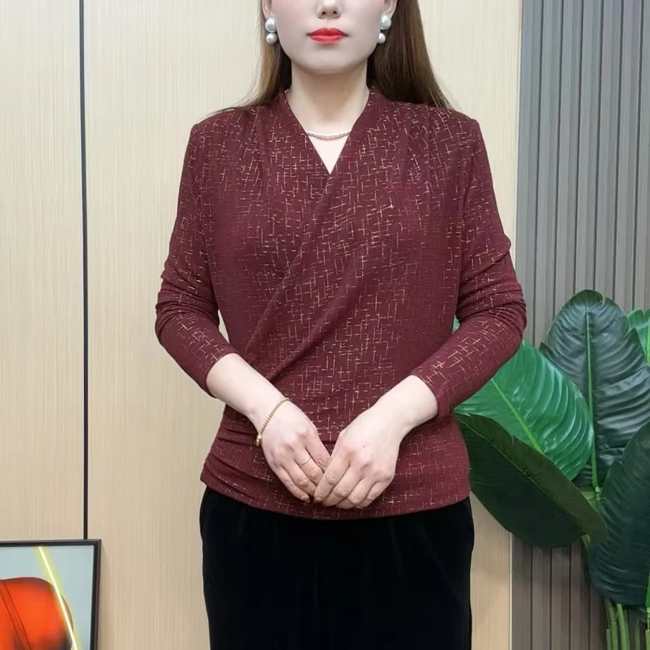 2025年新款长袖有弹力纱网速干交叉V领常规款T恤显瘦复古打底衫