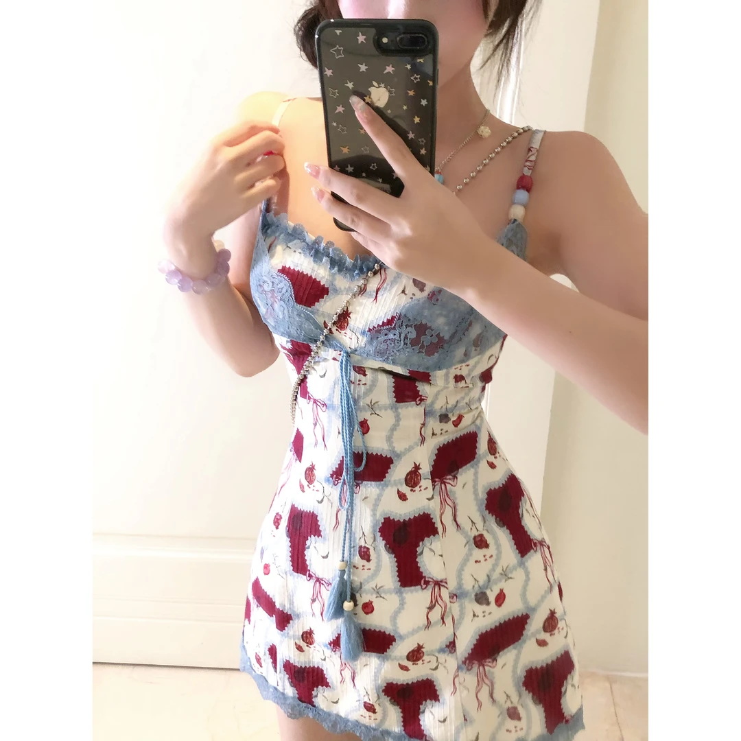 瑞茜·威瑟斯 画报少女 夏季纯欲修身显瘦印花小众连衣裙R6095H