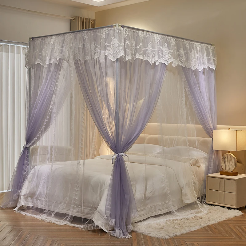 方顶双层纱落地蚊帐三开门宫廷蚊帐公主风加粗烤漆铁艺支架防蚊