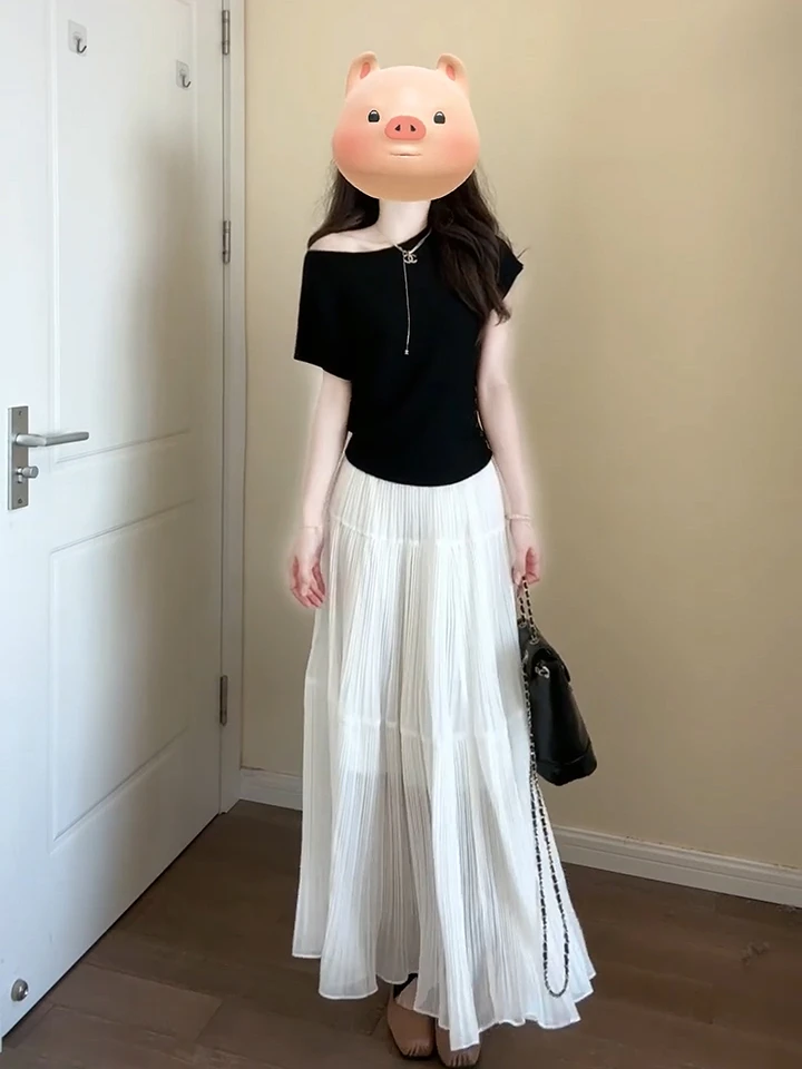 夏季套装露肩收腰短袖T恤纯色百搭显瘦修身上衣搭配半身裙两件套