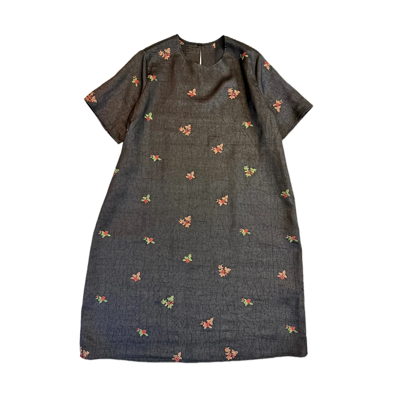 花色迷人 香云纱花朵刺绣重磅复古大码长款圆领夏季气质连衣裙