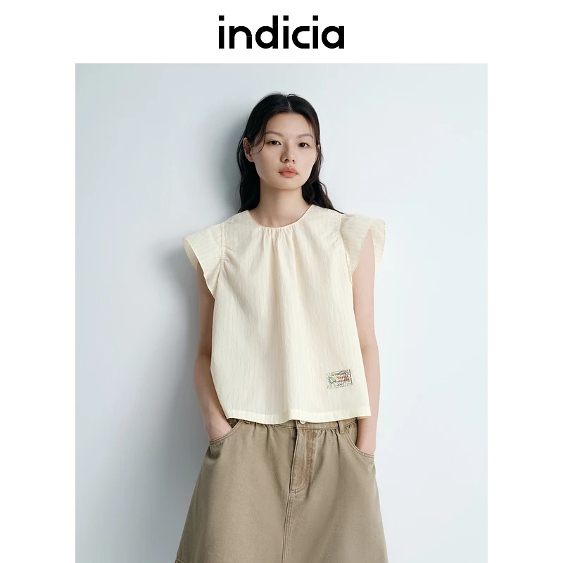 indicia标记25夏新款小飞袖柔和米色细条纹上衣 L2B5SY107