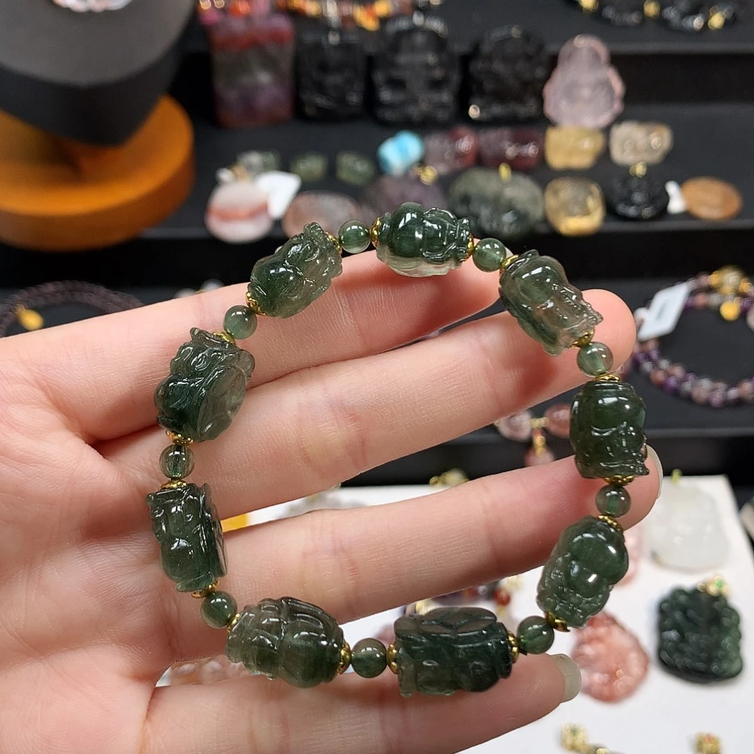 手链未镶嵌水晶老矿料绿顺发晶貔貅阵