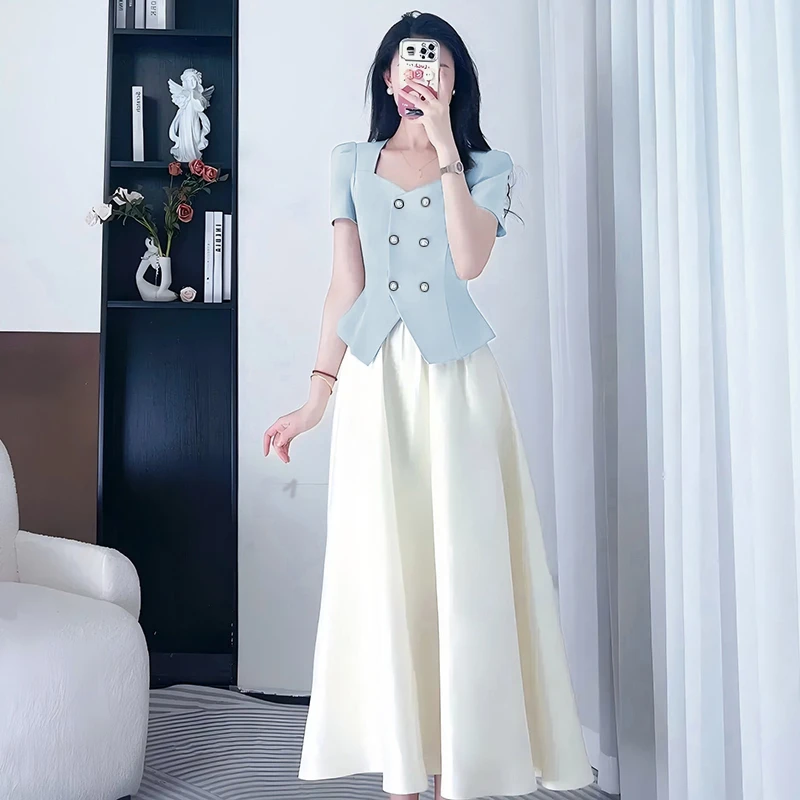 【两件套】2025夏季洋气时尚轻奢显瘦百搭短袖上衣+半身裙女D1490