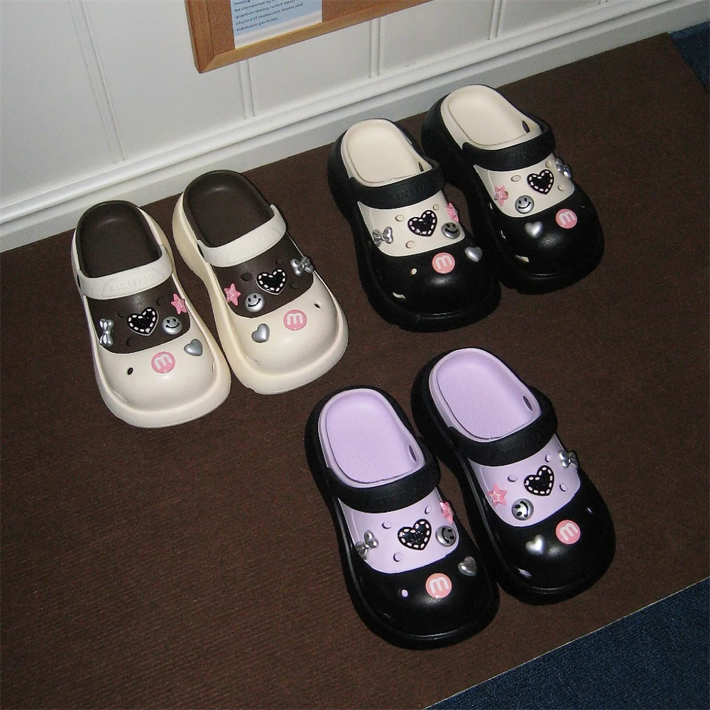 细细条 夏季新款时尚外穿防滑凉拖鞋女爱心蝴蝶结EVA厚底洞洞鞋