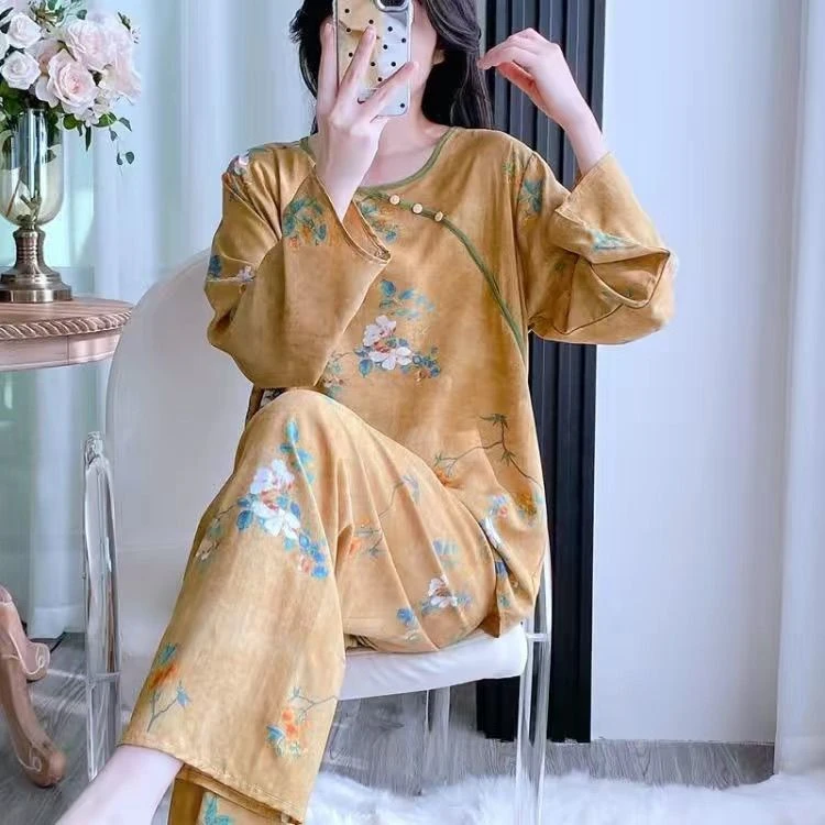 新中式睡衣中国风新款长袖棉绸睡衣夏季宽松大码绵绸家居服可外穿