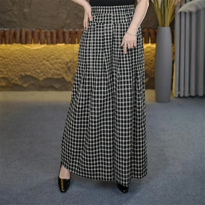 2025春秋款阔腿裤长裤休闲裤复古文艺女装高腰格子阔腿裤