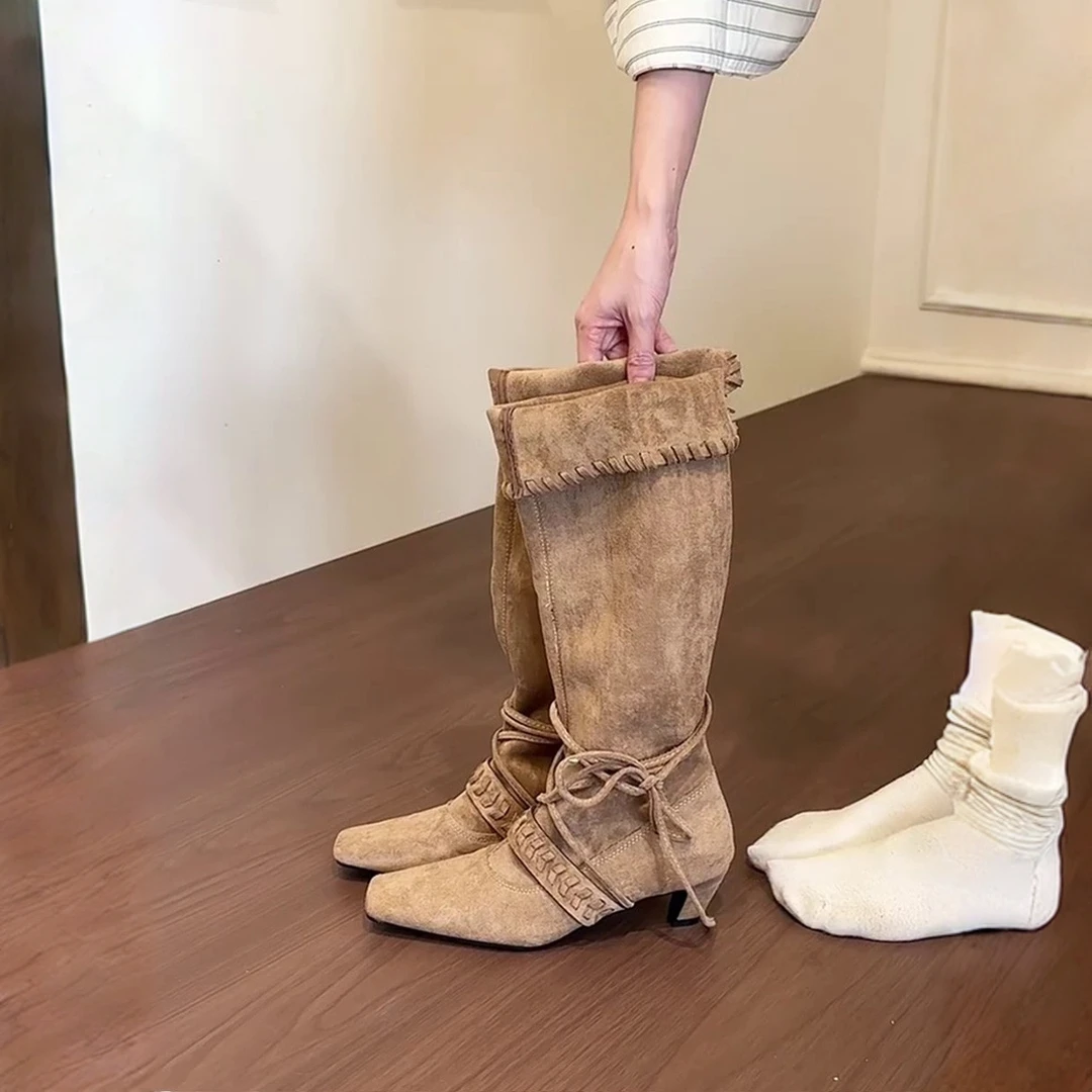 羊皮版~方头复古绑带长筒靴西部牛仔靴废土风气质粗跟两穿高筒靴