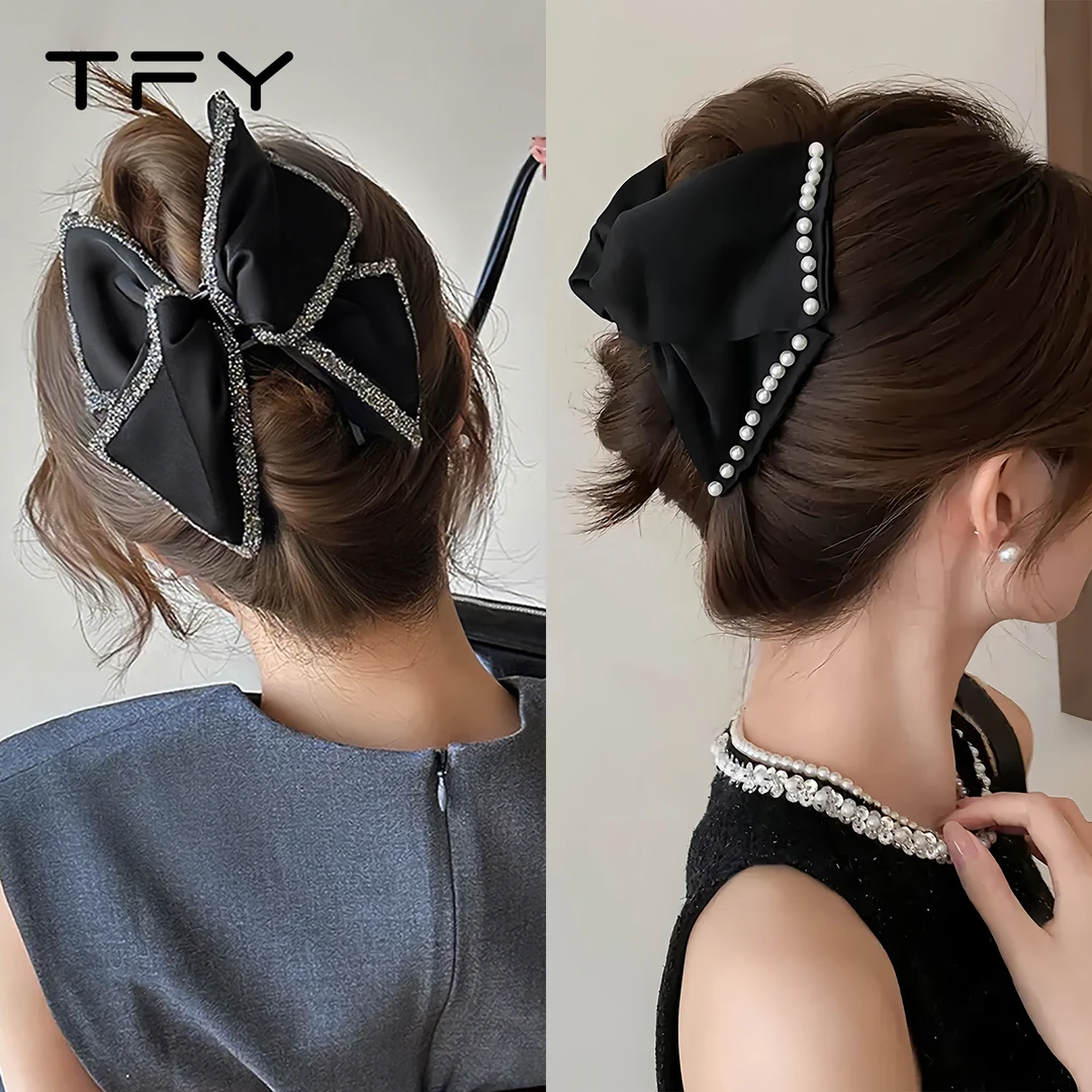 法式赫本风珍珠蝴蝶结发夹女新款抓夹轻奢高级感后脑勺鲨鱼夹头饰