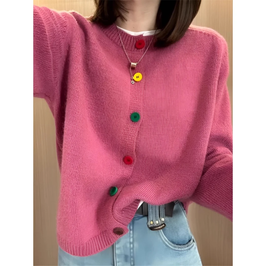 彩色扣子针织开衫女2025春季新款宽松时尚百搭圆领毛衣外套女上衣