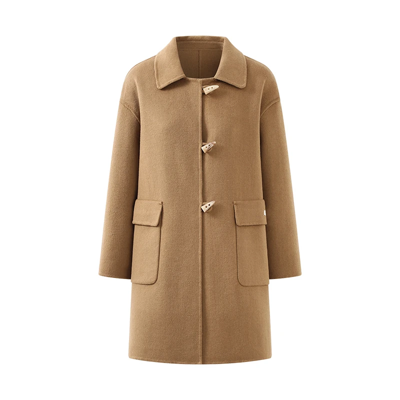 含绵羊毛！高端时尚 甜美减龄翻领高质感牛角扣双面呢大衣