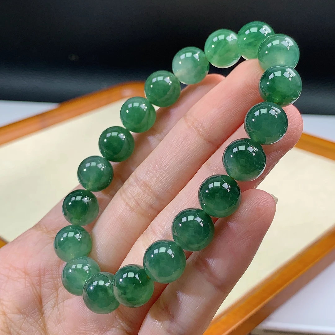 7.18-12缅甸天然翡翠A货飘花手串卡10mm19颗粒