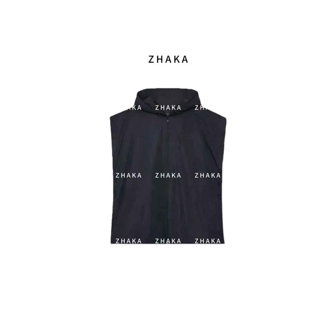 ZHAKA/羊毛交织亚麻90鹅绒无袖连帽马甲上衣zkg1385