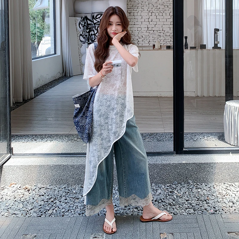 今年流行爆款时尚洋气减龄显瘦遮肉减龄设计感蕾丝罩衫阔腿裤套装