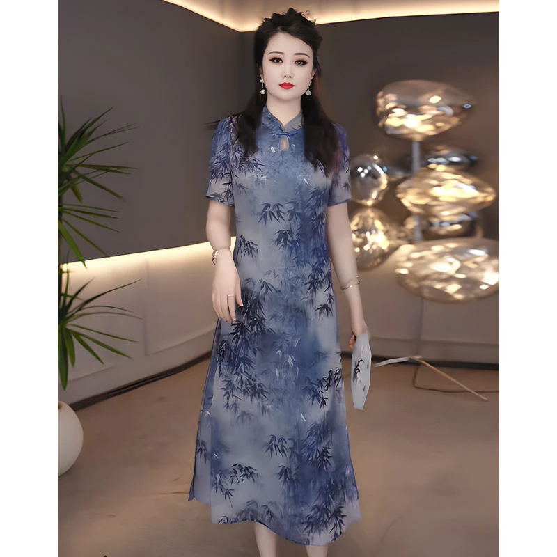 高级琉璃丝时尚洋气百搭碎花假两件礼服裙2025夏季新款显瘦连衣裙