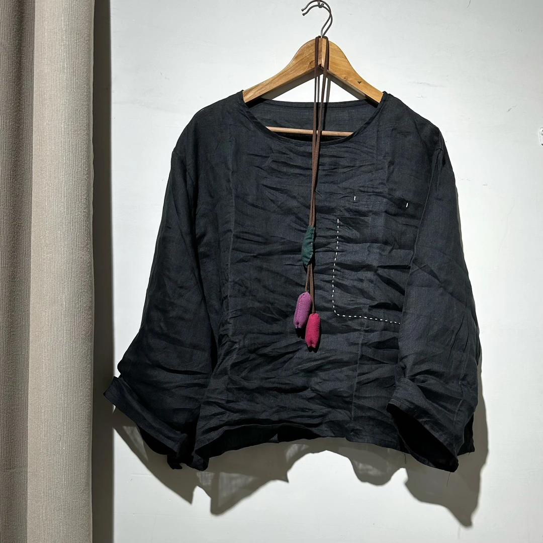 大鲸鱼-原创苎麻大口袋圆领小衫(胸围左右衣长60左右）