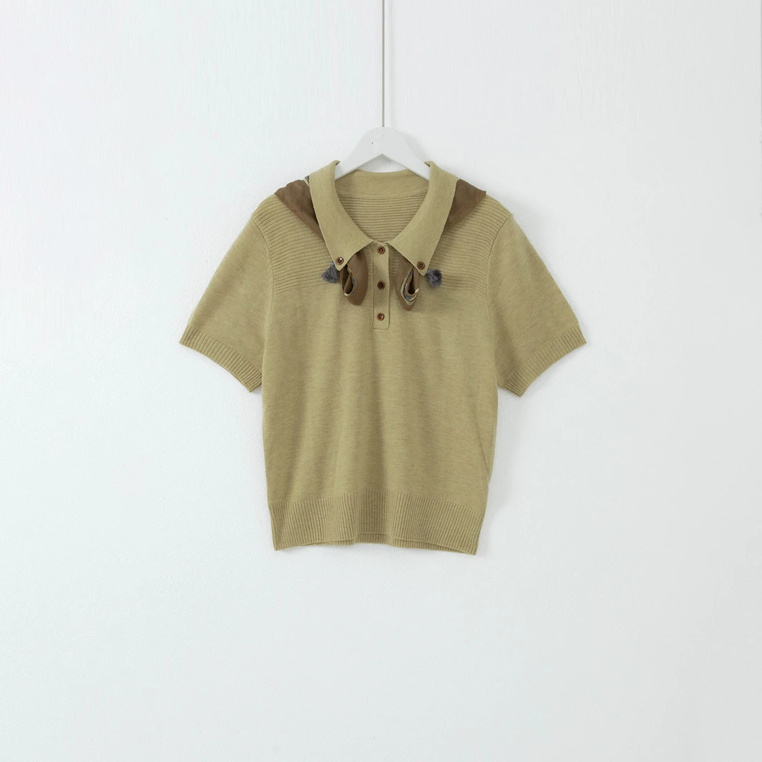 几里与麻 丝巾翻领针织短袖T恤 衣长53胸围90 2083182