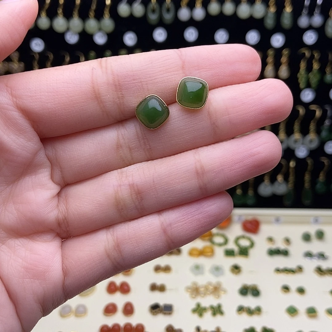 和田玉银S925镀金镶嵌耳饰