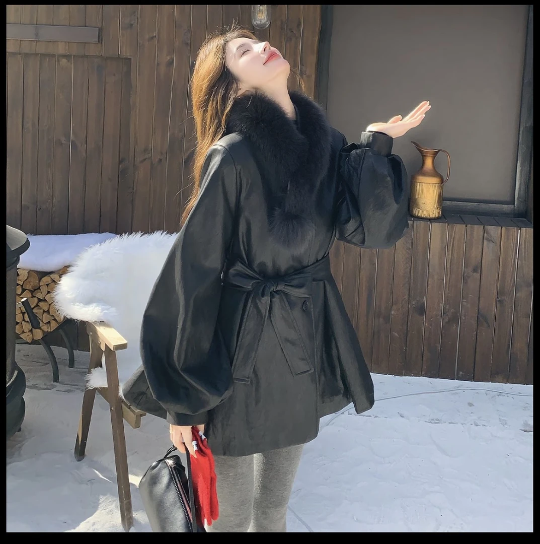 黑色鸭绒中长款收腰羽绒服显瘦洋气加厚