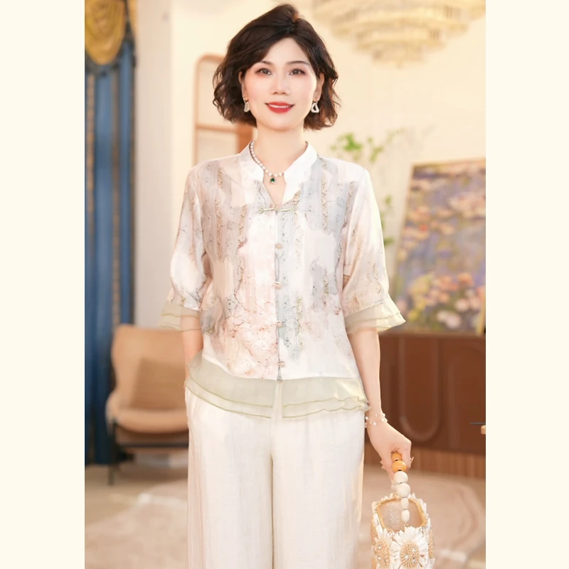 2025新款洋气中老年女装两件套中年妈妈夏季新中式上衣服套装