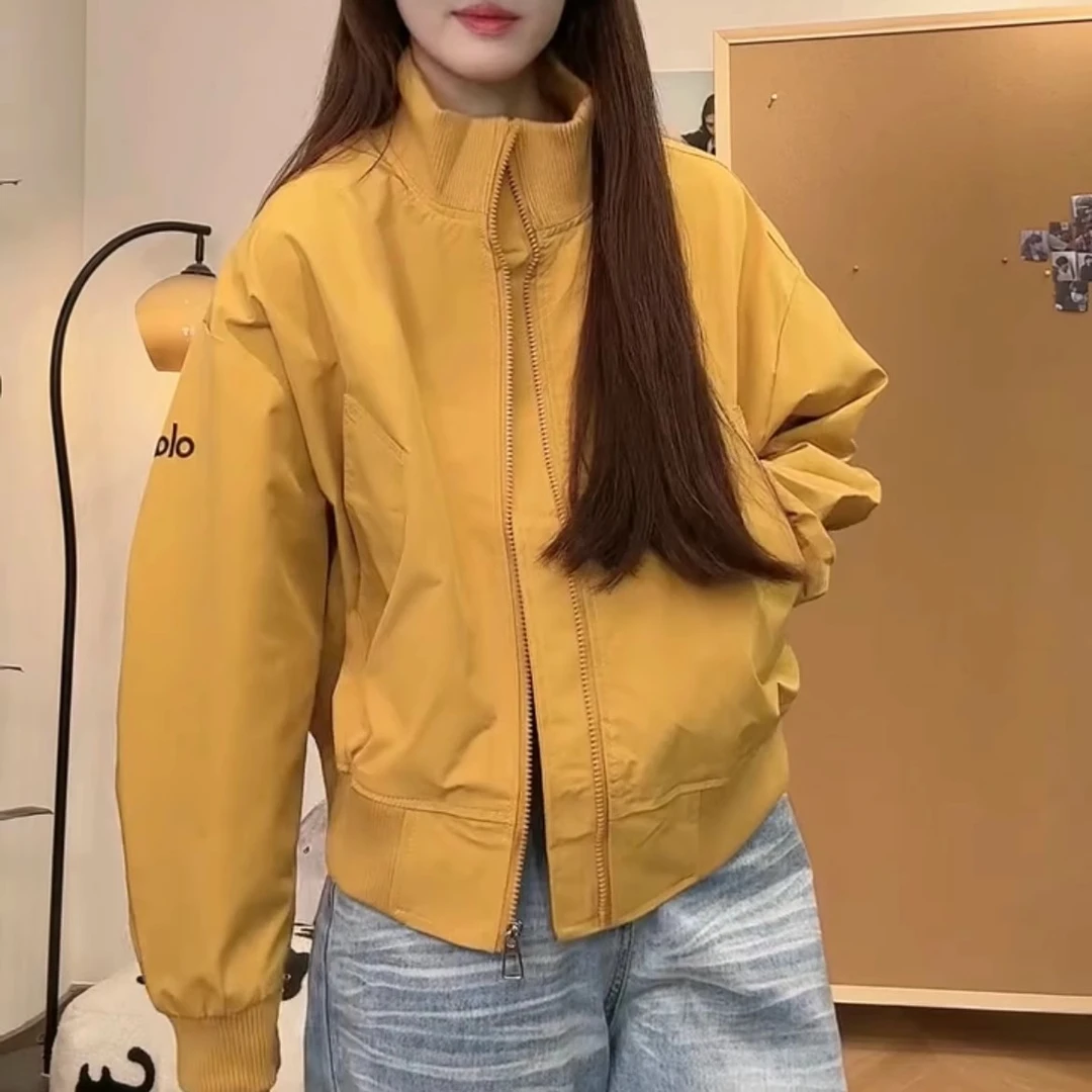 现货韩版复古黄色高级感立领棒球服外套2025秋季新款宽松百搭夹克